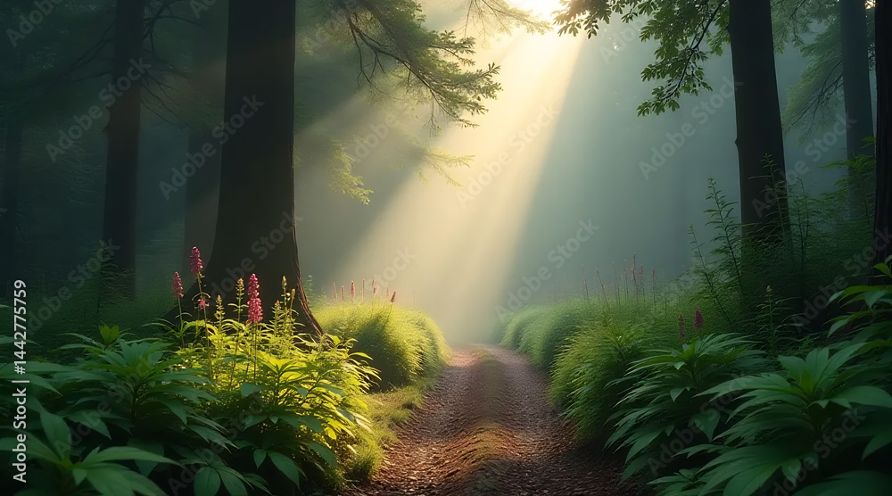 Misty Forest Path with Sunbeams