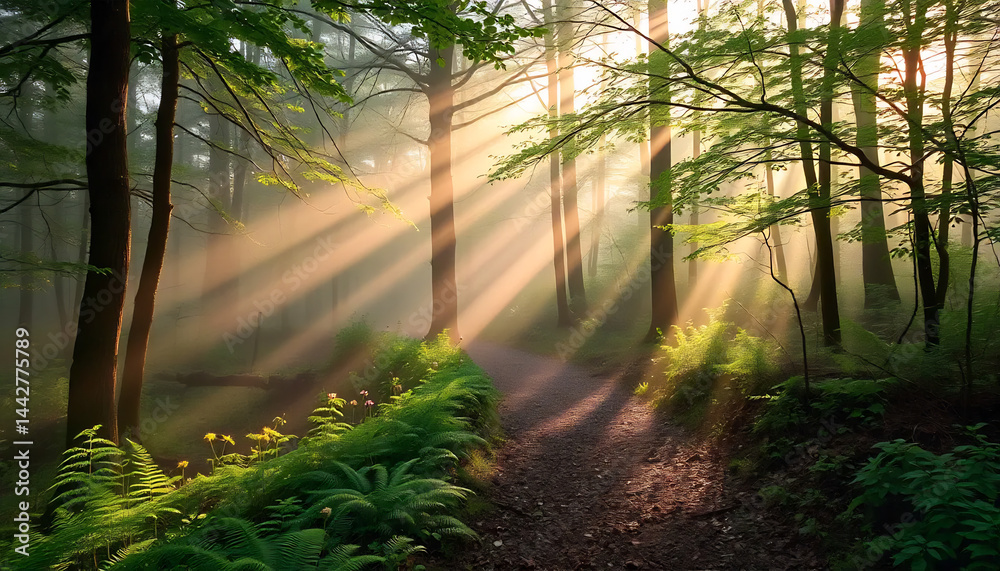 Misty Forest Path with Sunbeams