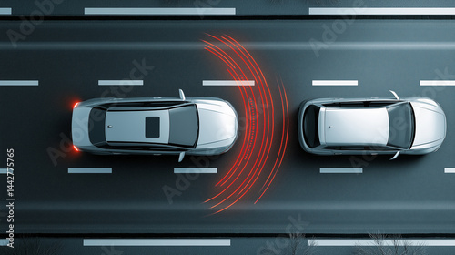 Top view of autonomous car detecting nearby vehicle using sensor radar technology, illustrating self-driving systems, smart transportation, and advanced driver-assistance in modern mobility