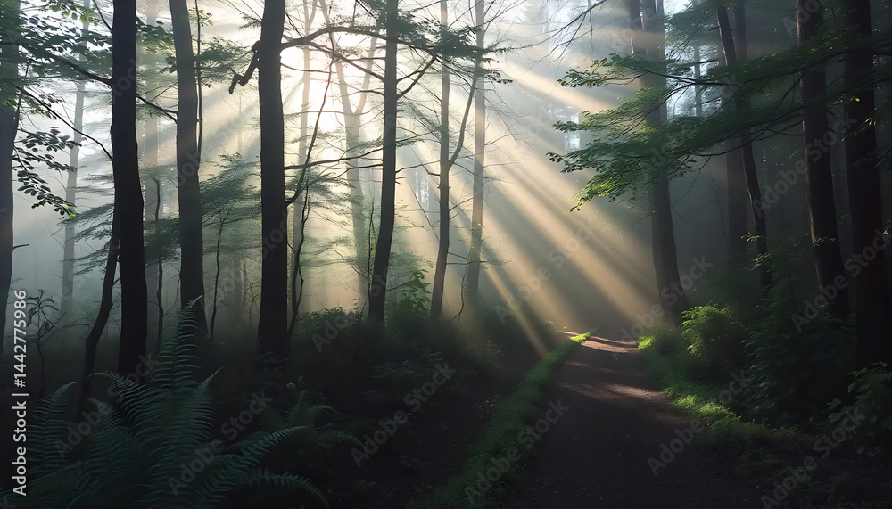 Misty Forest Path with Sunbeams