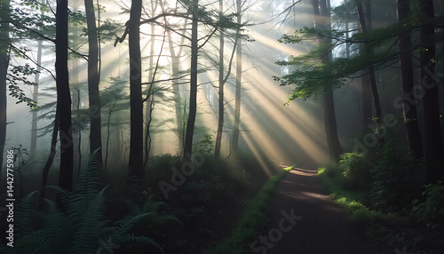 Obraz na płótnie Misty Forest Path with Sunbeams w salonie