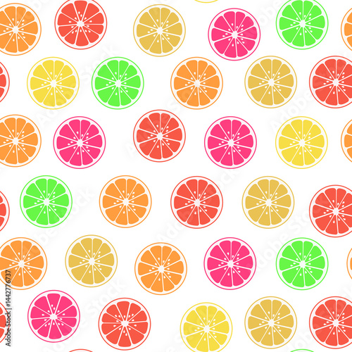 Colorful seamless pattern background with citrus fruits on the white, source of vitamin C, Summer vibes