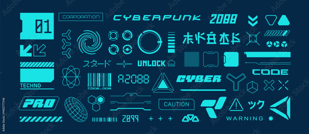Fototapeta premium Futuristic sci-fi elements in Cyberpunk style for t-shirt print and game design. Futuristic HUD elements with Japanese text inscription. Futuristic emblems and signs for silkscreen clothing (2)