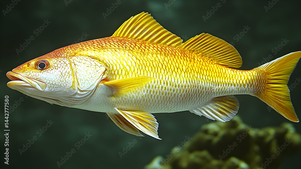Underwater Portrait of a Golden Snapper with Detailed Scales and Fins Underwater Portrait of a Golden Snapper with Detailed Scales and Fins