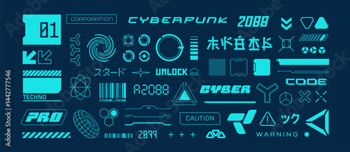 Futuristic sci-fi elements in Cyberpunk style for t-shirt print and game design. Futuristic HUD elements with Japanese text inscription. Futuristic emblems and signs for silkscreen clothing (2)