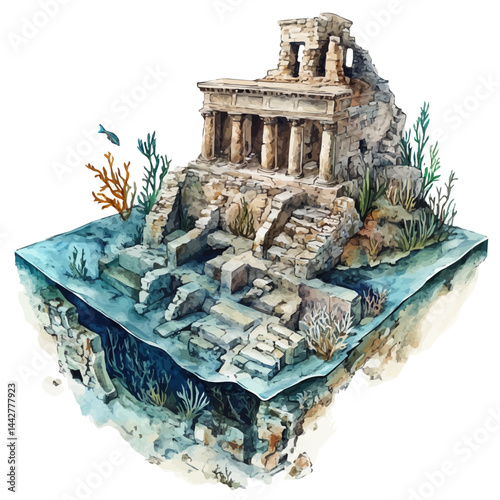 ancient ruins at the ocean floor, watercolor drawing, isolated on a white background. ancient ruins at the ocean floor vector.
