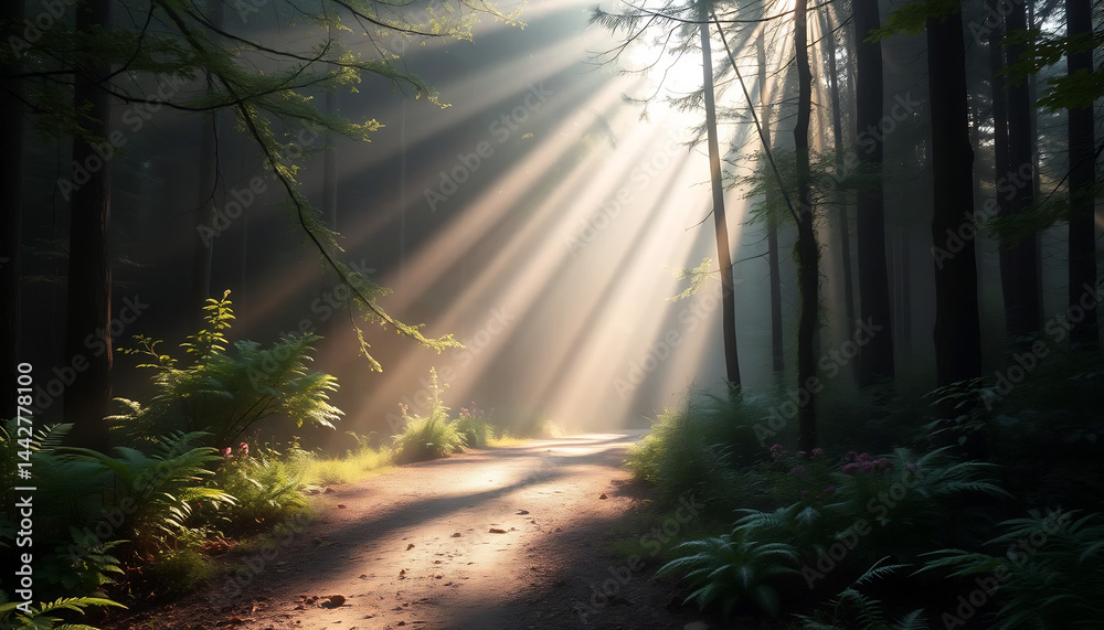 Misty Forest Path with Sunbeams