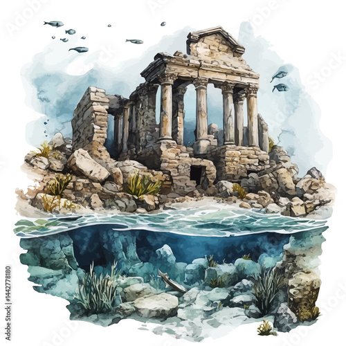 ancient ruins at the ocean floor, watercolor drawing, isolated on a white background. ancient ruins at the ocean floor vector.