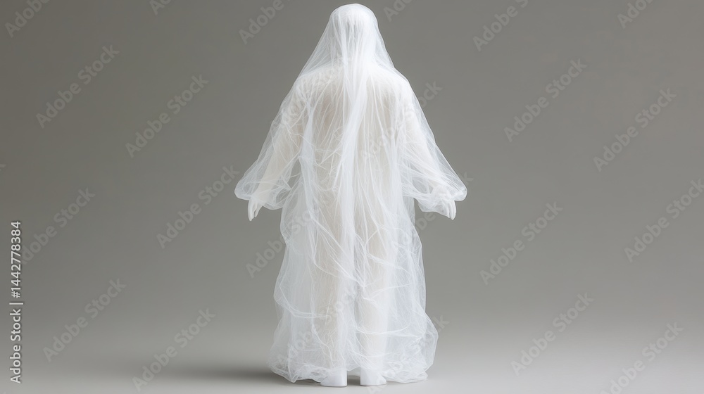 A mannequin draped in translucent, ethereal fabric creates a mystical atmosphere, perfect for fashion, costume design, or Halloween-themed projects showcasing elegance and intrigue, A mannequin draped in translucent, ethereal fabric creates a mystical atmosphere, perfect for fashion, costume design, or Halloween-themed projects showcasing elegance and intrigue,