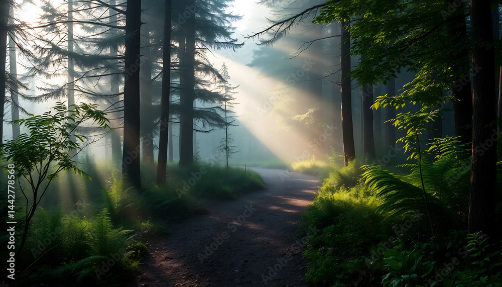 Misty Forest Path with Sunbeams
