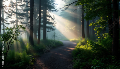 Obraz na płótnie Misty Forest Path with Sunbeams w salonie