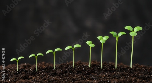 Sequence of green seedlings growing in dark soil, showing stages of growth and development from small to large plant.