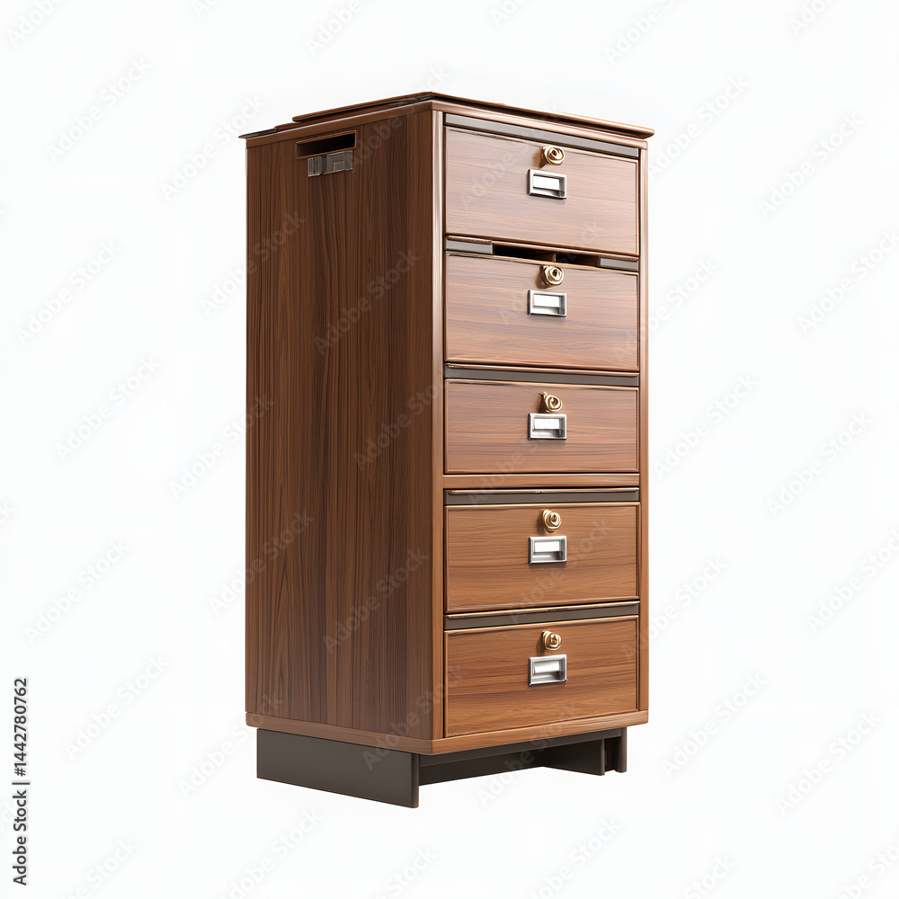Elegant Teak Wood Office Cabinet with Drawers on White Elegant Teak Wood Office Cabinet with Drawers on White