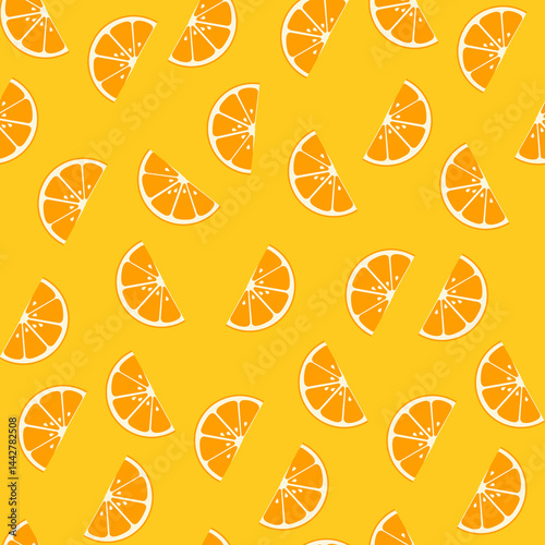 Orange seamless pattern illustration. winter vibes. split oranges on the orange background. Fruit repeated background.