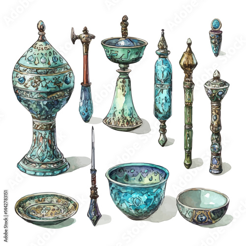 ancient Iranian religious artifacts, watercolor drawing, isolated on a white background. ancient Iranian religious artifacts vector.