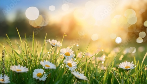 beautiful dewy grass with white daisies in morning sunlight n fresh spring nature background with bokeh and warm sunrise glow