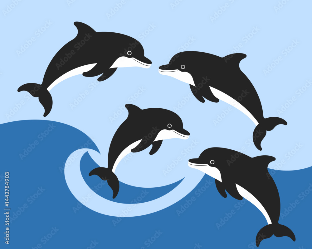 Fototapeta premium Playful Dolphins Jumping Ocean Waves: Vector Illustration