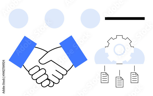 Handshake symbolizing collaboration, cloud with gear highlighting integration, and linked documents denoting data sharing. Ideal for teamwork, technology, business, innovation, partnerships, cloud