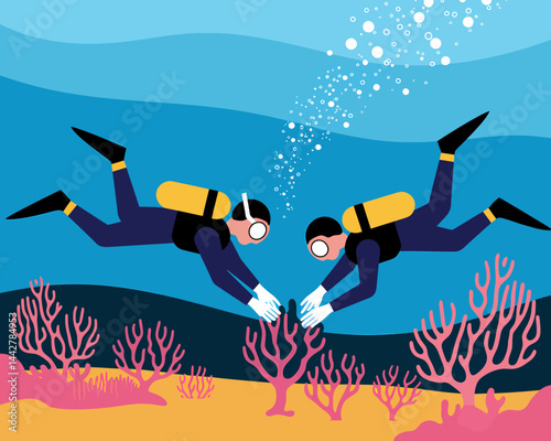 Two Scuba Divers Examining Vibrant Coral Reef Underwater Illustration