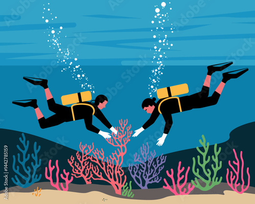 Underwater Coral Reef Restoration: Two Divers Planting Coral Vector Illustration