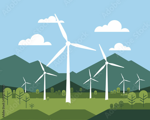 Eco-Friendly Wind Farm Landscape: Green Energy Vector Illustration