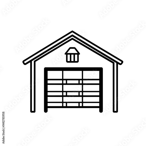 Simple residential garage vector icon with gable roof and shutter-style door in monochrome design.