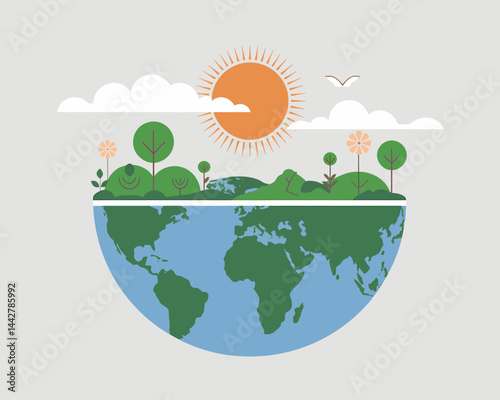 Flat Earth Illustration: Eco-Friendly Planet, Green Landscape, Sun, Clouds, Bird - Sustainable Concept photo