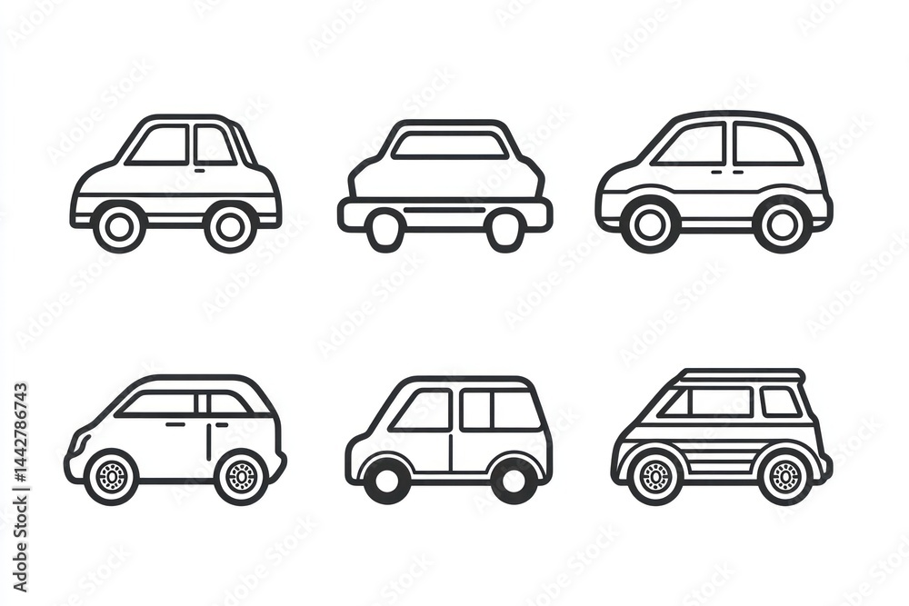 Simple car icons, side view, white background, children's book illustration Simple car icons, side view, white background, children's book illustration