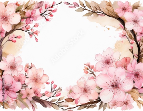 watercolor floral frame with soft pink cherry blossoms and delicate brown branches