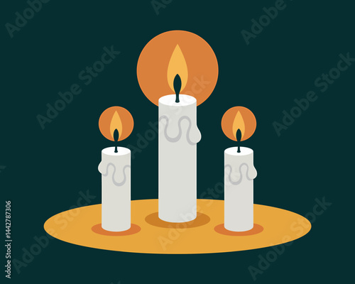 Three Lit Candles on a Tray - Hygge, Meditation, Peace, Spiritual Vector Illustration