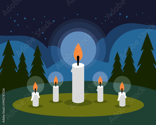 Nighttime Candlescape: Four Candles Glowing in Serene Forest, Vector Illustration
