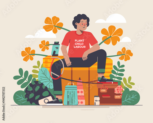 Person Sitting Outdoors with Plant Child Labour T-Shirt, Flat Design Illustration