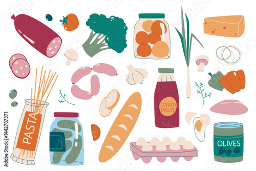 Basic food products set in flat graphic design. Collection isolated elements of salami, sausages, canned tomato and cucumber, cheese, vegetable, eggs, bread, pasts, olives, other. Vector illustration.