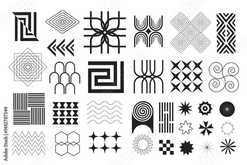 Brutalist geometric shapes set in flat graphic design. Collection isolated elements of abstract black silhouettes with spotted and striped figures, stars, flowers, waves, other. Vector illustration.