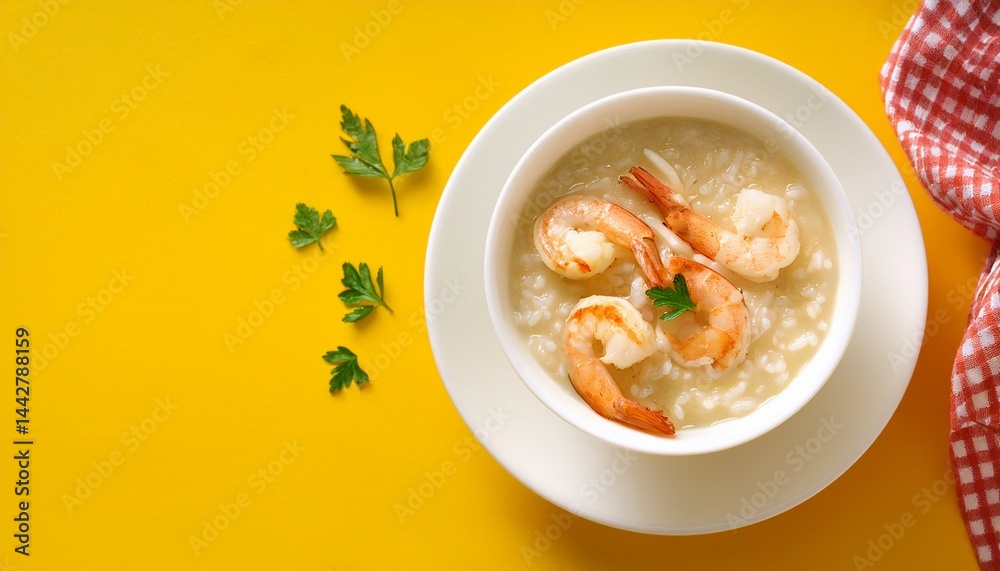 rice soup with shrimp in white bowl on yellow background rice soup with shrimp in white bowl on yellow background