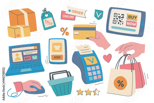 Online shopping set in flat graphic design. Collection isolated elements of sale, order, delivery box parcel, credit card, cashless payment, mobile app, website, basket, other. Vector illustration.