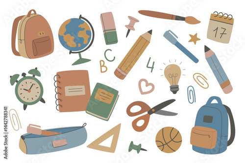 School stationery set in flat graphic design. Collection isolated elements of backpacks, globe, eraser, pin, pencil, pen, paintbrush, calendar, alarm clock, book, notebook, other. Vector illustration.