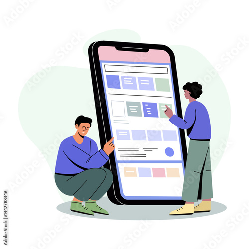 A flat style illustration depicting team working