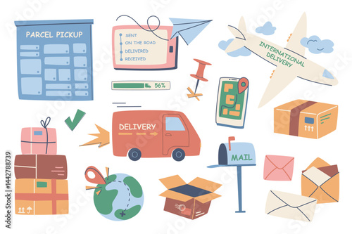 Worldwide delivery set in flat graphic design. Collection isolated elements of parcel pickup, tracking information in app, international airplane shipping, letter, mailbox, other. Vector illustration.