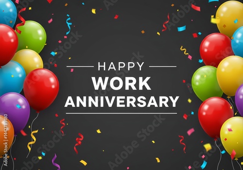 Colorful balloons and confetti on a black background with the text 