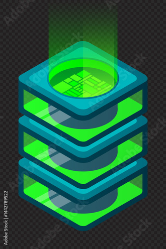 Isometric database. Isometric futuristic server. Big data isometric. Cloud computing and file cloud storage. Isometric technology