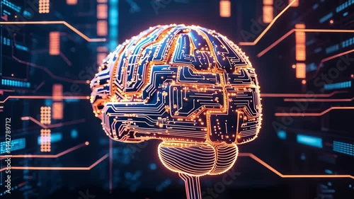 Futuristic AI Brain with Circuitry Against Digital Background  