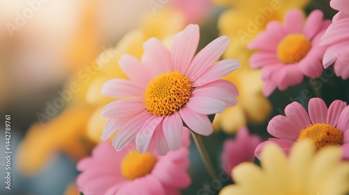 Soft Focus of Yellow and Pink Daisies in a Garden
