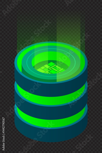 Isometric database. Isometric futuristic server. Big data isometric. Cloud computing and file cloud storage. Isometric technology