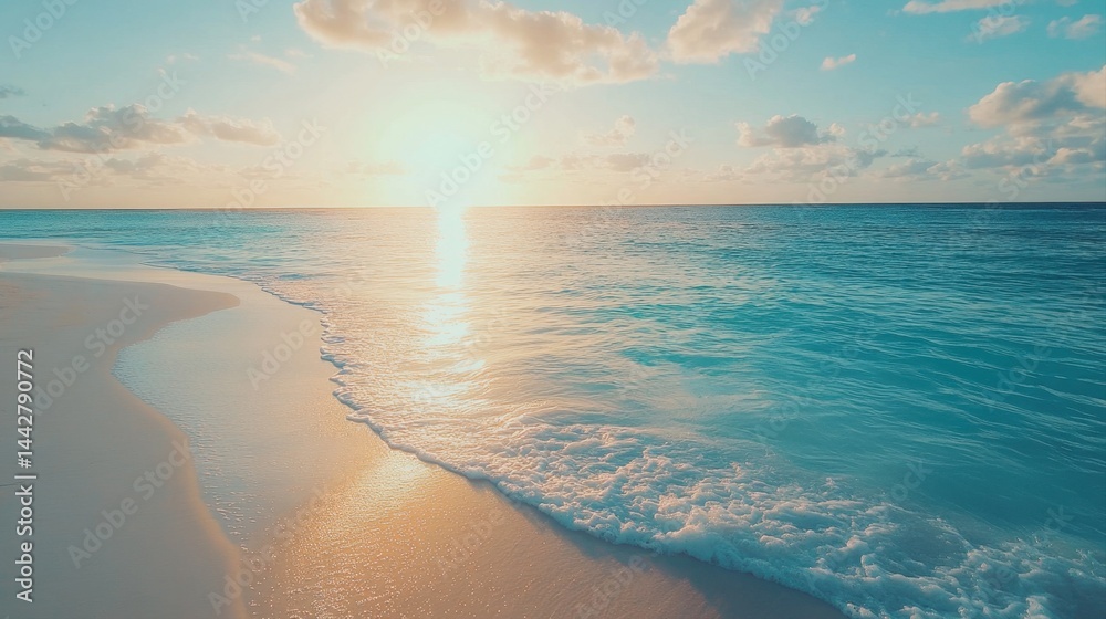 Tranquil Sunrise Over Serene Ocean Waves at Tropical Beach with Clear Sky and Soft Golden Light Tranquil Sunrise Over Serene Ocean Waves at Tropical Beach with Clear Sky and Soft Golden Light
