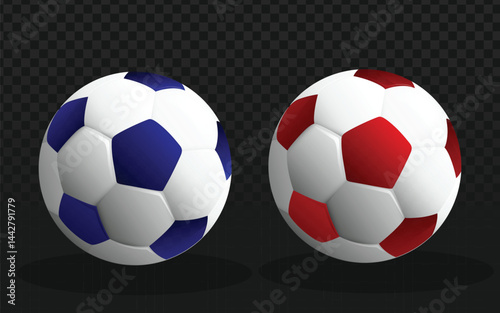 two soccer balls against a transparent dark checkered background. The soccer ball on the left has the classic pattern of white hexagons and blue pentagons. The soccer ball on the right also has white 