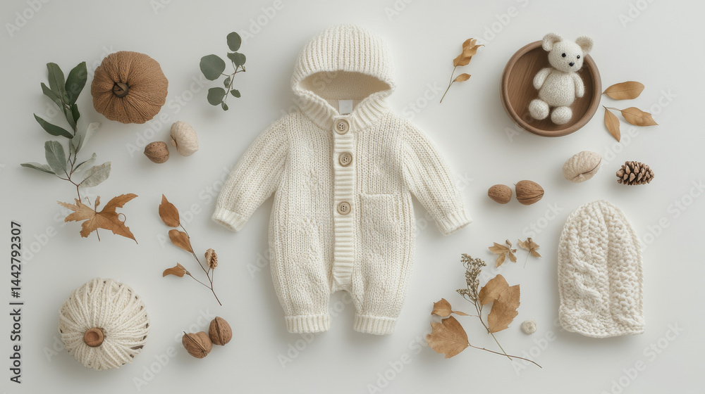 Knitted baby bodysuit clothes on white background flat lay. Top view template for brand or logo advertising on children's clothes. Mock up baby outfit