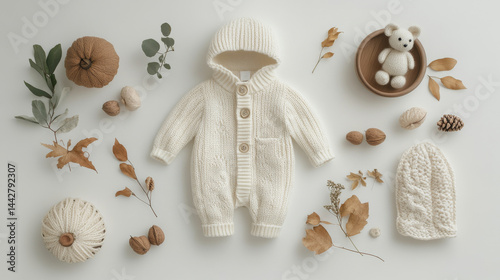 Obraz na płótnie Knitted baby bodysuit clothes on white background flat lay. Top view template for brand or logo advertising on children's clothes. Mock up baby outfit w salonie