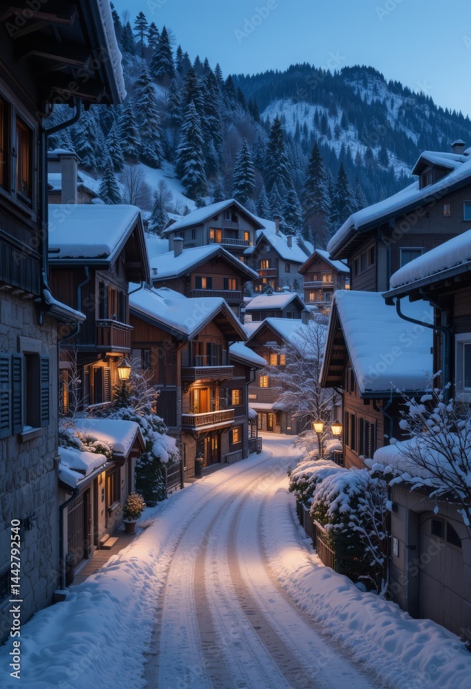 Fototapeta premium A peaceful alpine village blanketed in fresh snow with glowing windows, narrow streets, and a twilight blue hour atmosphere Generative AI