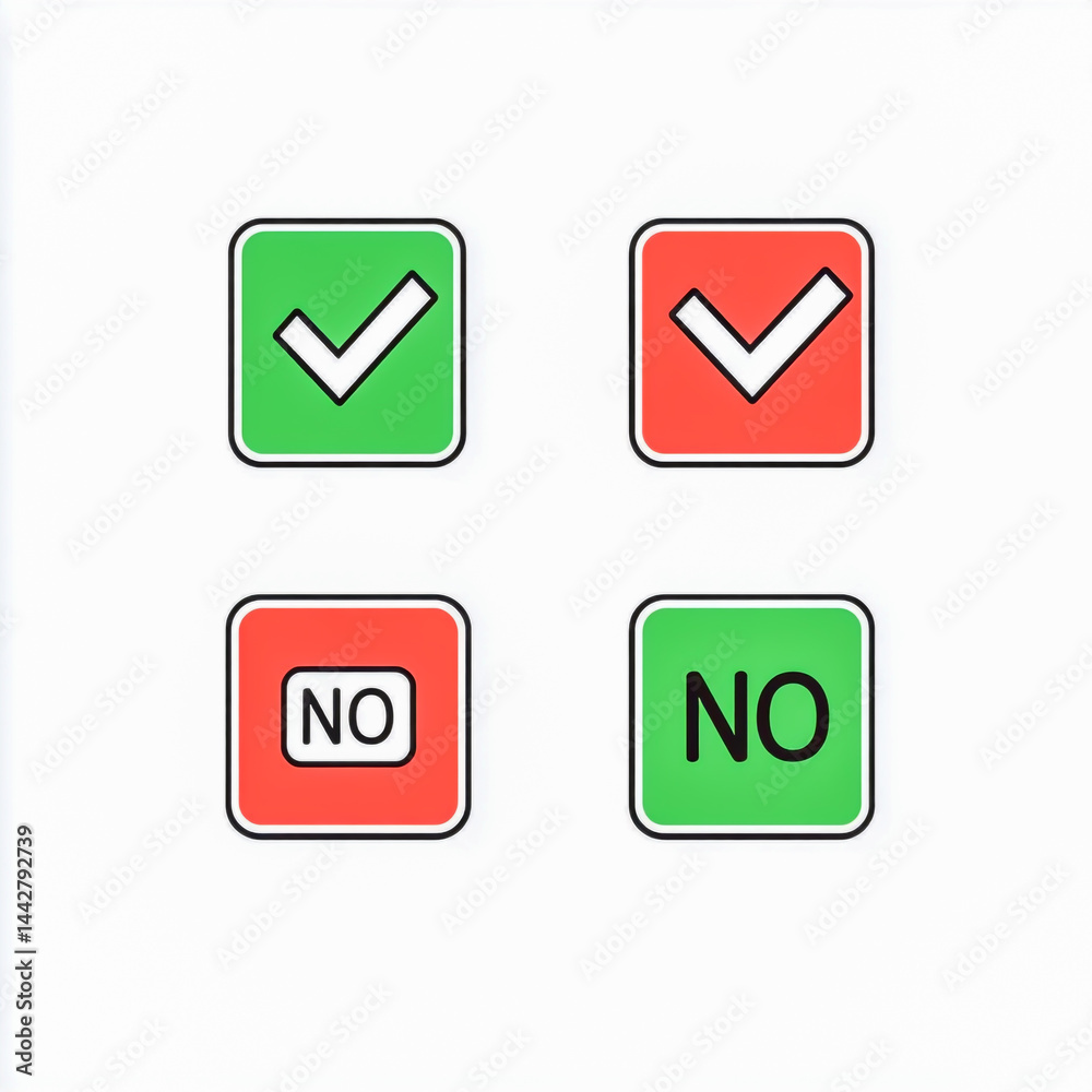 Vector icons of a checkmark and an X, a red box with the text YES or NO Vector icons of a checkmark and an X, a red box with the text YES or NO